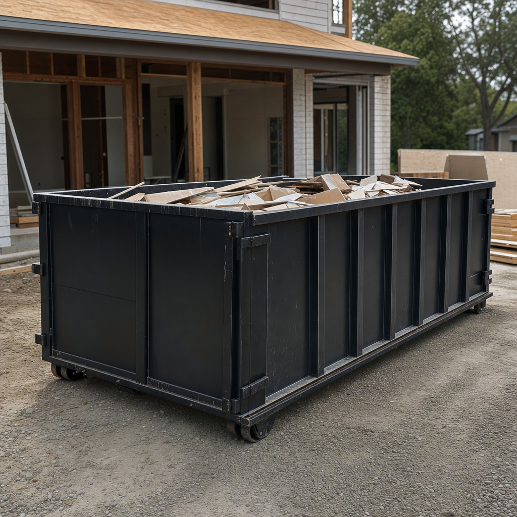 Large matte-black 30-yard construction roll-off dumpster at an active Queens jobsite, steel-gray top rails and bottom rollers visible, loaded with construction debris.