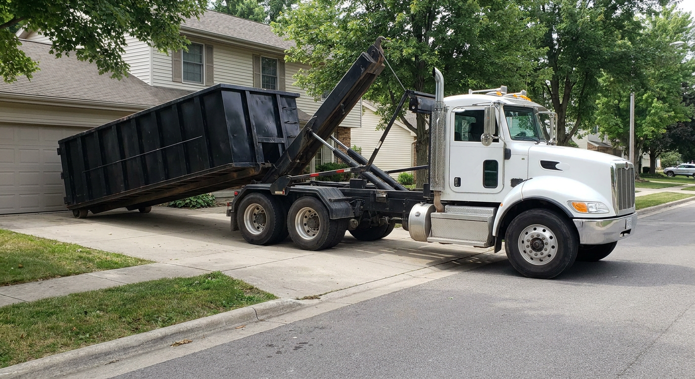White-cab hooklift roll-off truck actively lowering a matte-black dumpster onto a Queens residential concrete driveway, the dumpster's rear wheels touching the driveway as the hoist arm tilts the bed forward, mid-morning daylight.