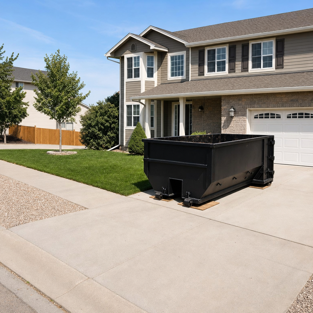 10-yard matte-black residential dumpster placed directly on a narrow Queens concrete driveway, room remains for a parked sedan beside it, mid-morning natural light