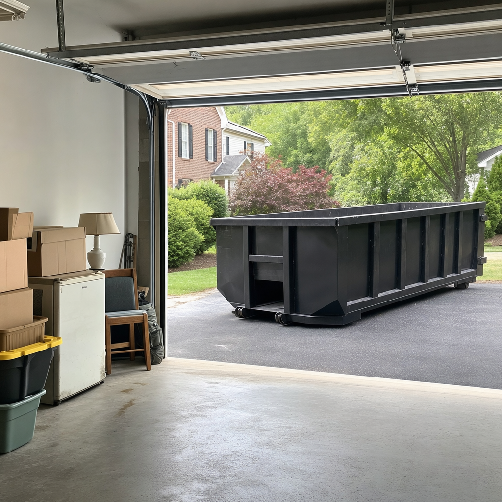 Open garage interior in a Queens home mid-cleanout — boxed items, an old appliance, and stacked yard tools queued near the driveway for a matte-black roll-off dumpster, organized and calm