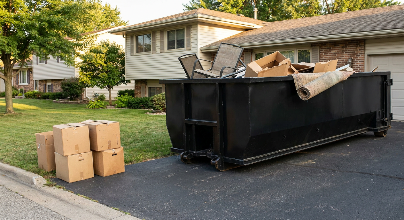 Front-yard view of a Queens split-level home with a 20-yard matte-black roll-off dumpster sitting directly on the asphalt driveway, a few clearly labeled donation boxes staged at the curb, calm sunny afternoon.