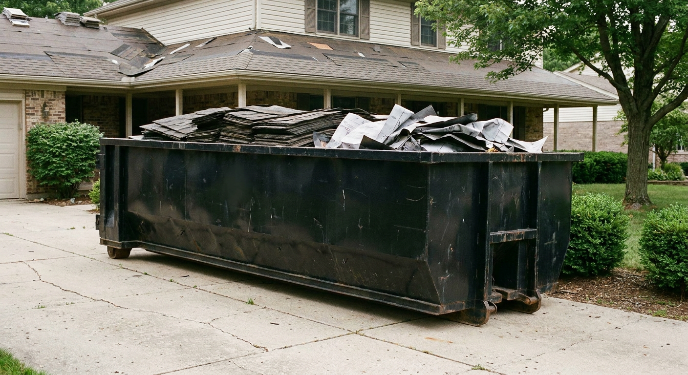 Matte-black 30-yard roofing roll-off dumpster sitting directly on a Queens concrete driveway, taller ribbed steel side panels, mixed tear-off debris of asphalt shingles and underlayment inside, professional documentary daylight.