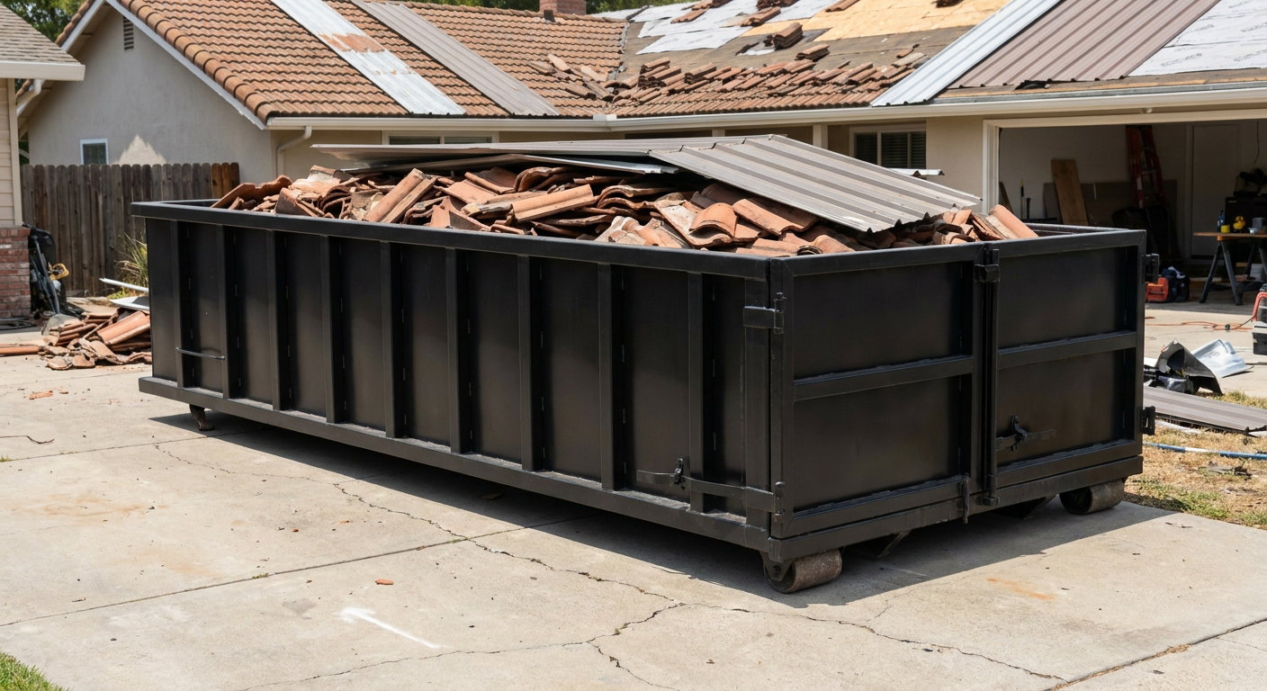 Matte-black low-wall heavy-debris roofing roll-off dumpster sitting directly on a Queens concrete driveway, broken concrete clay roof tiles and metal panel sections loaded inside, reinforced ribbed steel side walls visible, bright outdoor daylight.