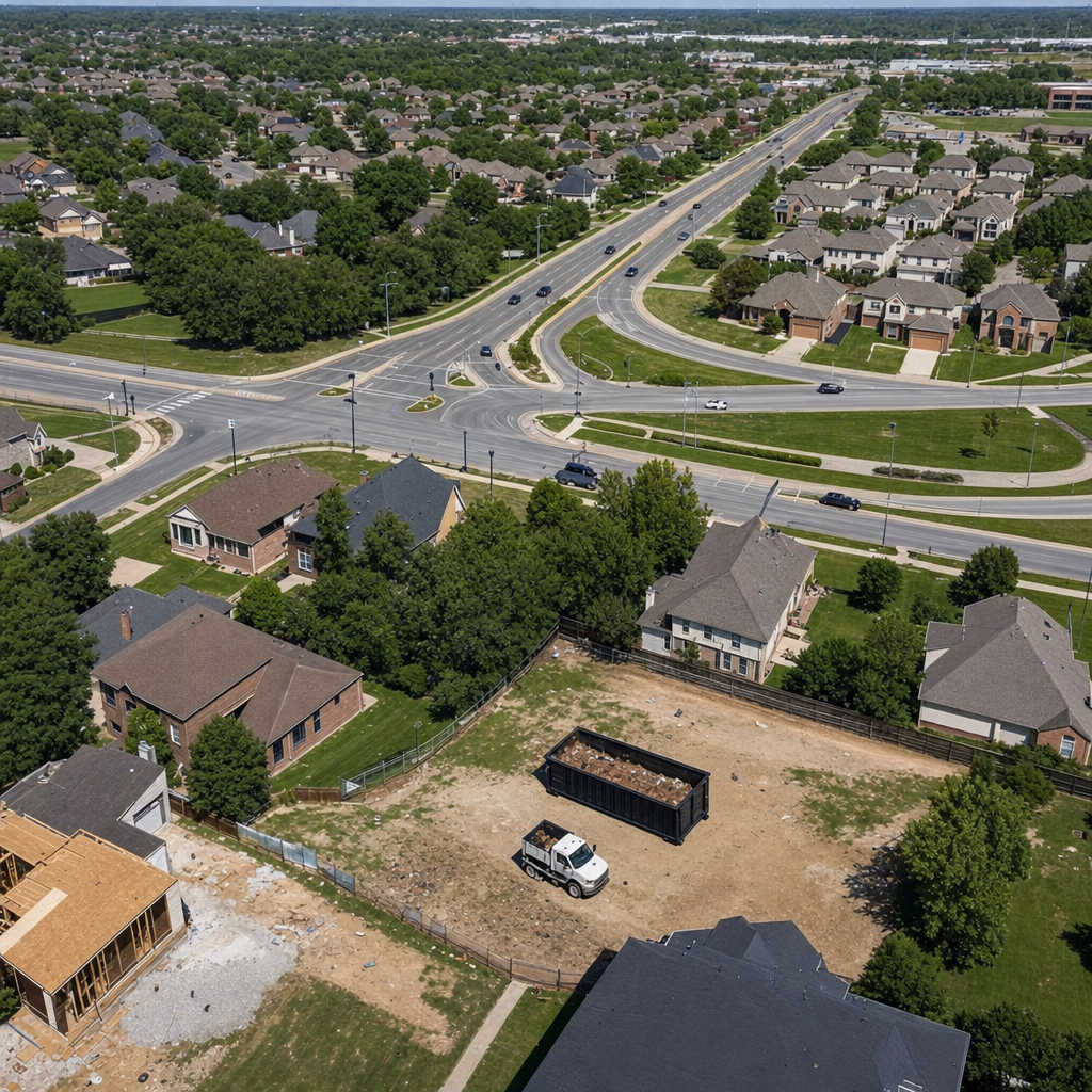 An overhead documentary view of the Queens metro area at midday, showing the spread of neighborhoods, arterial roads, and the dispatch radius from a central yard — clean daylight, organized geographic layout.