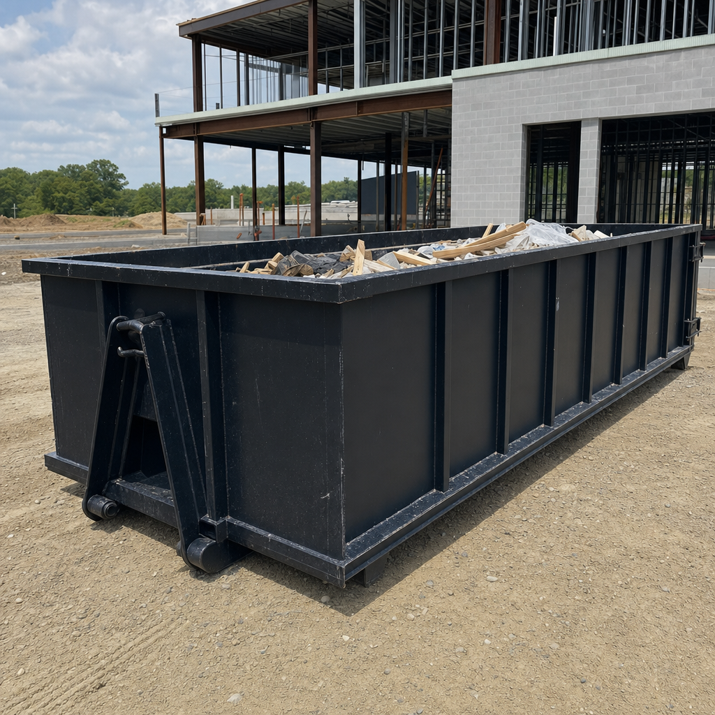 A matte-black 40-yard roll-off dumpster staged on a large Queens commercial construction lot, with a hooklift delivery truck parked alongside under bright midday sky.